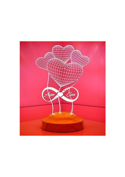 Sevgilambası 3D Balon Kalpler Sonsuzluk Hediyesi 3 Boyutlu LED Lamba