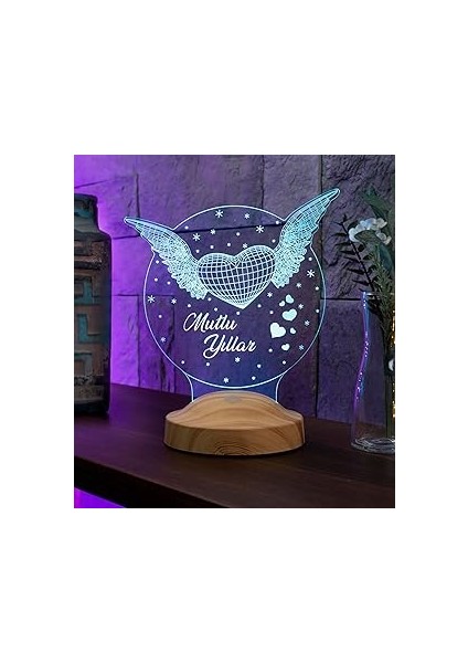 Sevgilambası Mutlu Yıllar Hediyesi Kanatlı Kalp 3D LED Lamba