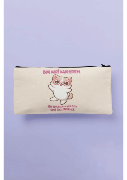 Ben Kedi Kadınıyım Baskılı Bez Makyaj Çantası Kalemlik Cüzdan