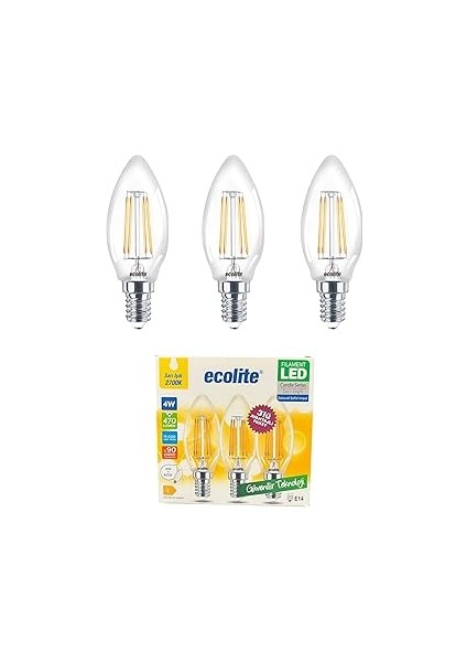 Ecolite 4W LED Filament Mum Ampul, E14 Duy, 2700K Sarı Işık, 470 Lümen, Şeffaf Cam, Akkor Görünümlü