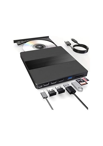 7ın1 Harici USB 3.0 ve Type-C Dvd-Rom Dvd-Rw Optik Sürücü, USB ve Type C Kablolu, Pc, Tab