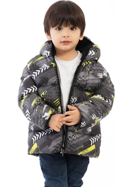 Spor Erkek Çocuk Saks Dijital Desen Polar Su ve Rüzgar Geçirmez Kapüşonlu Şişme Mont