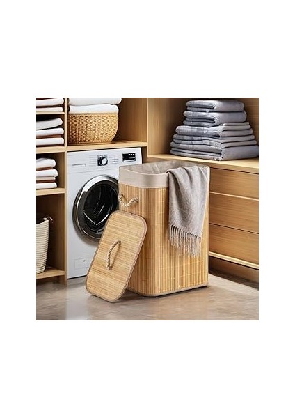 El Yapımı Hasır Katlanır Çamaşır Sepeti Dikdörtgen 72 Litre (40CM*30CM*61CM), Doğal Malzeme