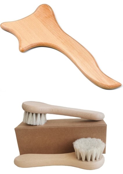 Vücut ve Yüz Masaj Seti, 2’li, At Kılı Yüz Fırçası, Ahşap, Selülit Hafifletici