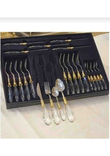 24 Parça Paslanmaz Çelik Gold Detaylı Çatal Kaşık Bıçak Takımı