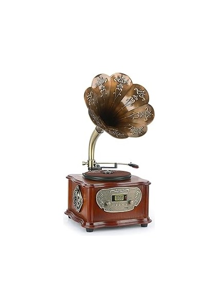 Gr-50 Nostaljik Gramofon Fm Radyolu 33/45 Devir Pikap Plak Çalar Bluetooth