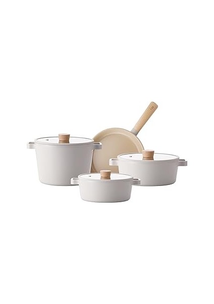 Fika 7 Parça Cam Kapaklı Seramik Kaplama Döküm Sosluk Tencere Tava Seti