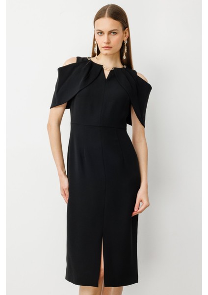 Kadın Yakası Taşlı Zincirli Midi Boy Elbise 5070 Siyah fiyatları