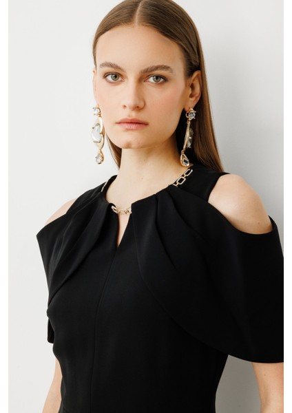 Kadın Yakası Taşlı Zincirli Midi Boy Elbise 5070 Siyah modelleri