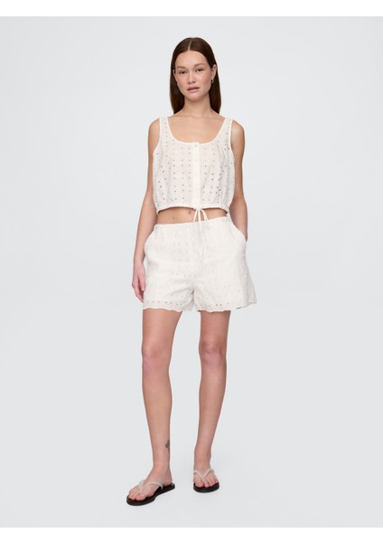 Kadın Beyaz High Rise Eyelet Easy Şort
