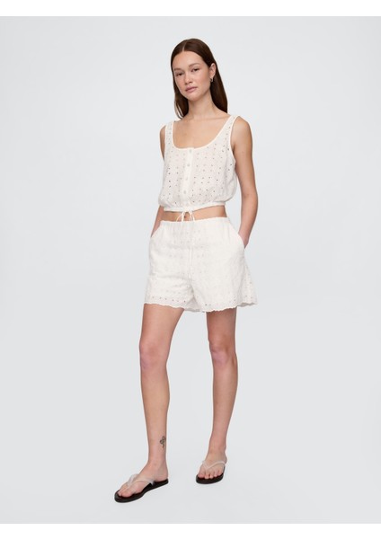 Kadın Beyaz High Rise Eyelet Easy Şort
