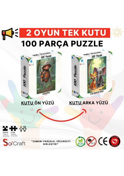 100 Parça Puzzle Çift Tasarım Tek Kutu Sevimli Orman Hayvanları modelleri
