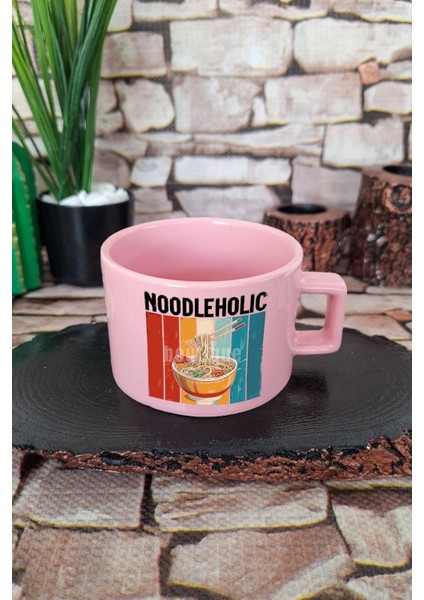 Noodleholic Baskılı Ramen Aşığı Japon Mutfağı Anime Kare Kulplu Fincan Pembe Kupa Bardak
