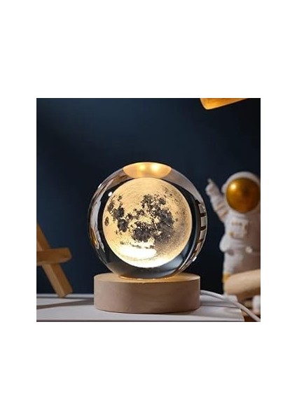 Senon Kristal Cam Küre LED Işıklı USB Kablolu Ahşap Stantlı Gece Lambası Dekoratif Hediyelik (Dolun