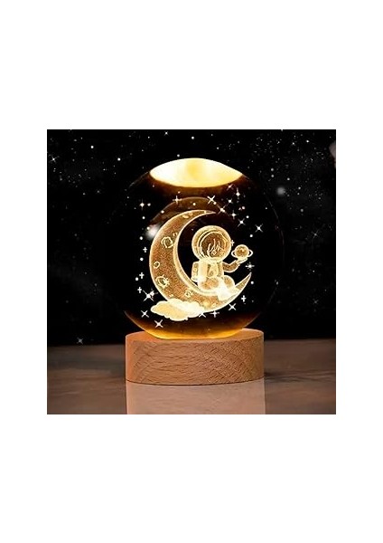 Ahşap Standlı Cam Küre Işıklı Göz Yormayan Ay ve Astronot Motifli Masaüstü Aydınlatma Gec