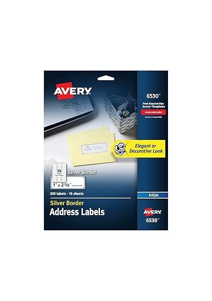 Avery Yazdırılabilir Adres Etiketleri, 1" x 2-5/8", Gümüş Kenarlıklı Mat Beyaz, 300 Boş Posta Etike