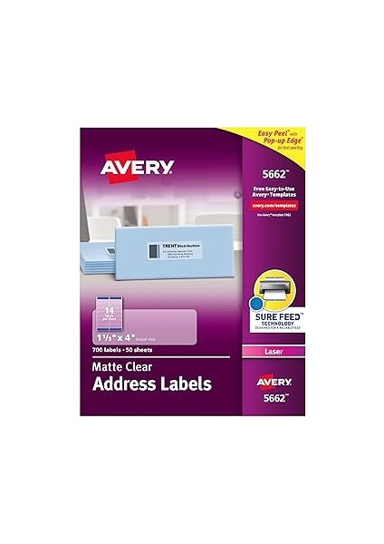 Avery Emin Beslemeli Yazdırılabilir Adres Etiketleri, 1-1/3" x 4", Mat Şeffaf, 700 Boş Posta Etiket