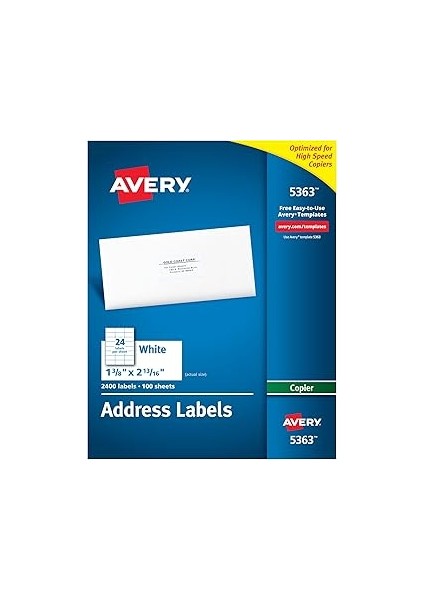 Avery Fotokopi Makineleri Yazdırılabilir Adres Etiketleri, 1-3/8" x 2-13/16", Beyaz, 2.400 Boş