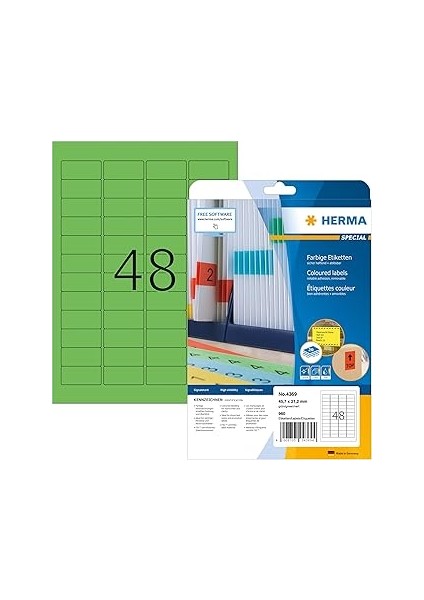 Herma 4369 Renkli Etiket Yeşil Çıkarılabilir, 20 Yaprak, 45,7 x 21,2 Mm, A4 Başına 48, 960 Adet, Ke