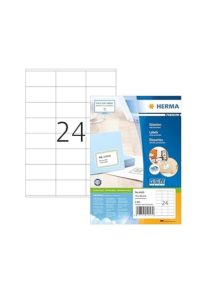 Herma 4453 Adres Etiketi, 100 Yaprak, 70 x 36 Mm, A4 Yaprak Başına 24 Adet, 2400 Çıkartma, Kendinde