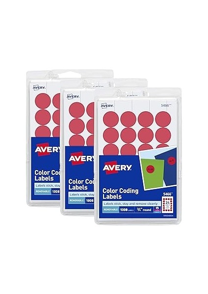 Avery Yuvarlak Renk Kodlama Etiketleri, Çıkarılabilir Yapışkan, Kırmızı, 1,9 Cm, 3 Paket, Toplam 30