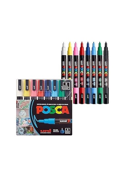 Uni-Ball Uni Posca Pc-3m Water-Based Paint Markers, Reversible Fine Tip, Assorted Colors, Pack Of 8