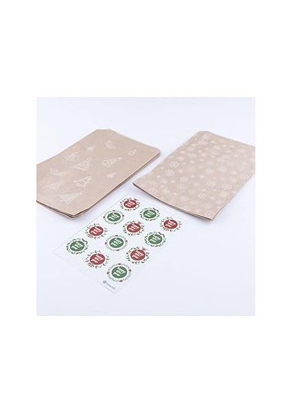 Bimotif 20 Adet Çam ve Kar Desenli Kese Kağıdı (18X30 Cm) ve Happy New Year Stickerdan Oluşan Set