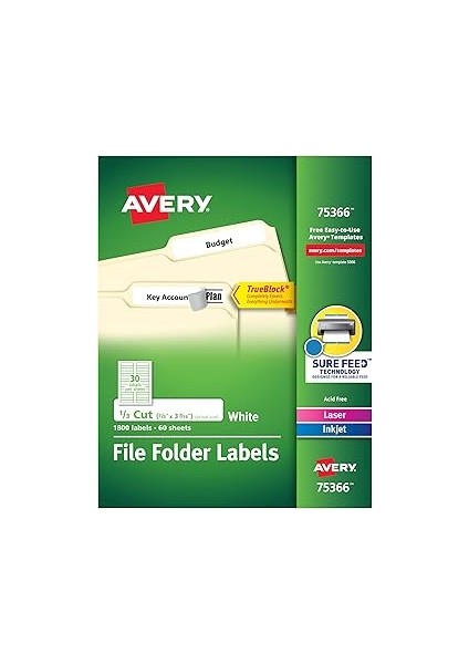 Avery Trueblock Dosya Klasörü Etiketleri, 2/3" x 3-7/16", 1800 Yazdırılabilir Etiket, Beyaz, Kalıcı