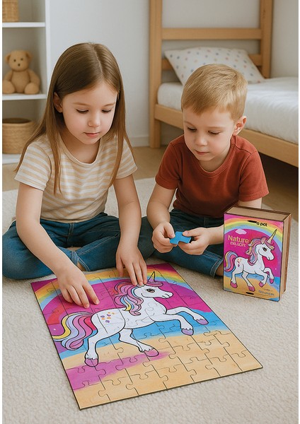 🦄 Unicorn Temalı Ahşap Puzzle 70 Parça – 32X42 cm | Ahşap Kutulu Eğitici Oyuncak