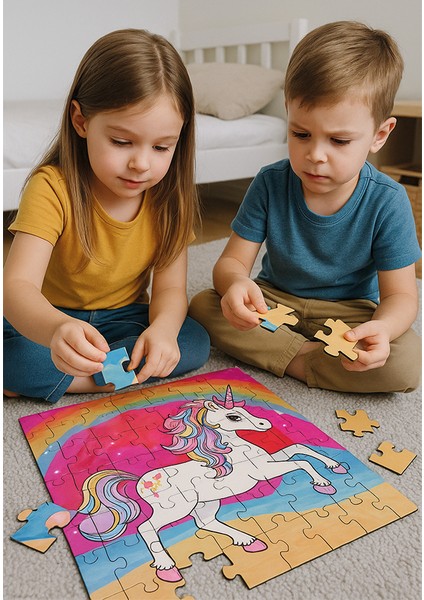 🦄 Unicorn Temalı Ahşap Puzzle 70 Parça – 32X42 cm | Ahşap Kutulu Eğitici Oyuncak modelleri