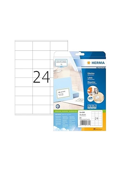 Herma 4360 Adres Etiketi, 25 Yaprak, 70 x 36 Mm, A4 Başına 24, 600 Adet, Kendinden Yapışkanlı, Yazd