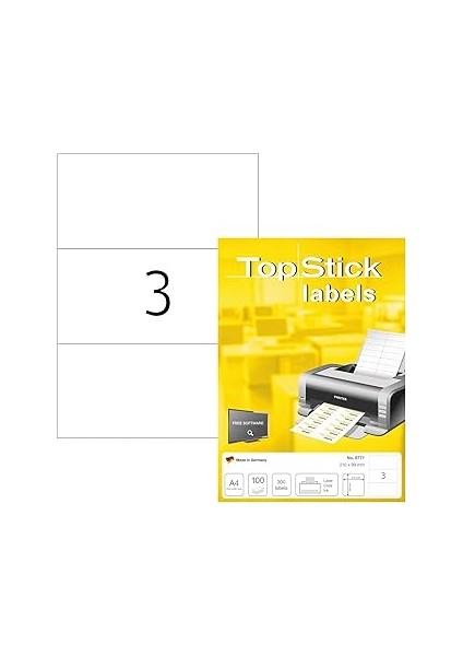Topstick 8771 Evrensel Etiket, 100 Yaprak, 210 x 99 Mm, 3 A4 Sayfa Başına, 300 Adet, Kendinden Yapı