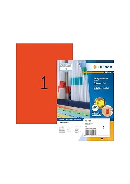 Herma 4402 Renkli Etiket Din A4 210 x 297 Mm, 100 Yaprak, Kağıt, Mat Kendinden Yapışkanlı, Yazdırıl