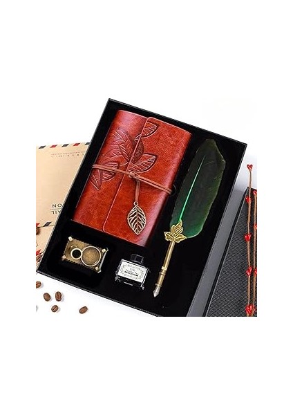 Deri Hatıra Defteri Masa Üstü Tüylü Divit Kalem Mürekkep Seti