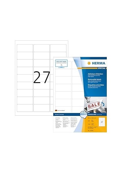 Herma 10300 Üniversal Etiket Din A4 Çıkarılabilir 63,5 x 29,6 Mm, 100 Yaprak, Kağıt, Mat Kendinden