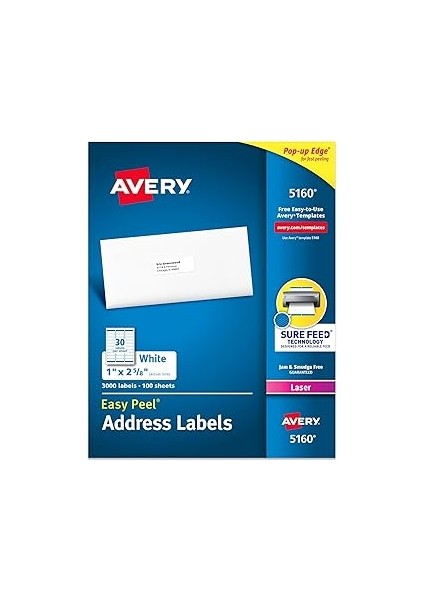 Easy Peel Laser Adresi Etiket, 1 x 2 – 5/8, Beyaz, 3000/BOX, Sold As 1 Box