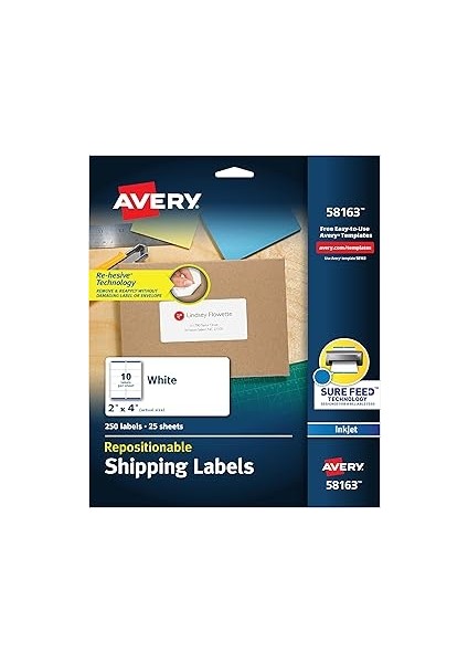Avery Mürekkep Püskürtmeli Yazıcılar Yeniden Konumlandırılabilir Nakliye Etiketleri 2 x 4, 250