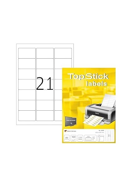 Topstick 8699 Adres Etiketi, 100 Yaprak, 63,5 x 38,1 Mm, 21 A4 Yaprak, 2100 Adet, Kendinden Yapışka