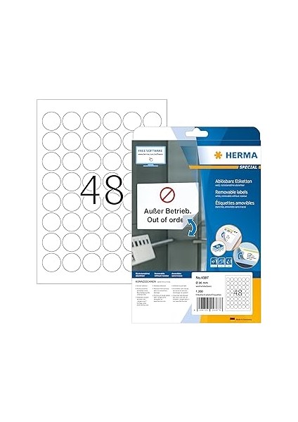 Herma 4387 Üniversal Etiket Din A4 Çıkarılabilir 30 Mm, 25 Yaprak, Kağıt, Mat, Yuvarlak, Çıkarılabi
