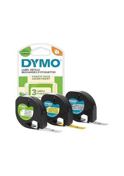 Dymo Letratag 3'lü Şerit (Kağıt Beyaz + Sarı Plastik + Gri Metalik) (59431)