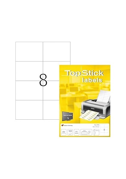 Topstick 8716 Evrensel Etiketler Din A4 105 x 74 Mm, 100 Yaprak, Mat Kendinden Yapışkanlı, Kalıcı Y