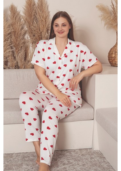 Büyük Beden Milan Düğmeli Kalpli Likralı Gömlek Pijama Takımı fiyatları