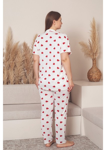 Büyük Beden Milan Düğmeli Kalpli Likralı Gömlek Pijama Takımı modelleri