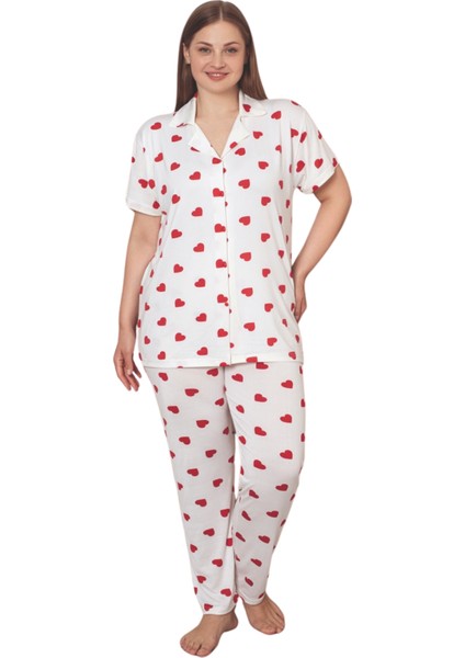 Büyük Beden Milan Düğmeli Kalpli Likralı Gömlek Pijama Takımı fırsatları