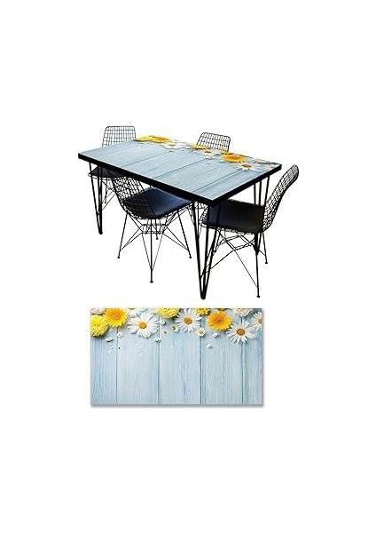 Stickerart Masa Kaplama Folyosu Mobilya Masa Kaplama Folyoları Mavi Ahşap Papatya