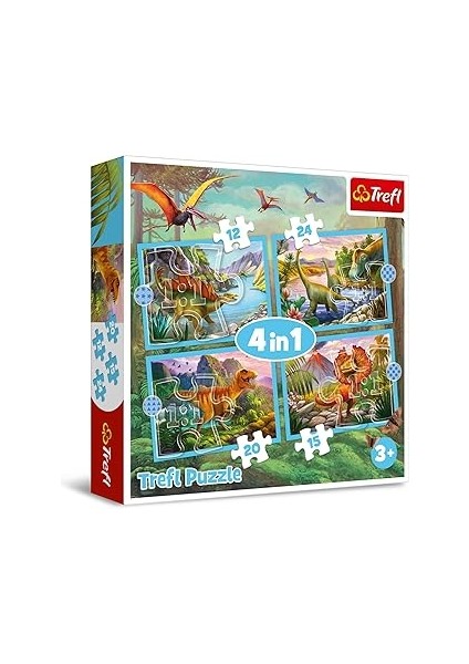 Trefl 34609 4'ü 1 Arada 4 12'den 24'e Kadar Elemanlı Dinozorlarla Yapboz Çeşitli Zorluk Seviyeleri