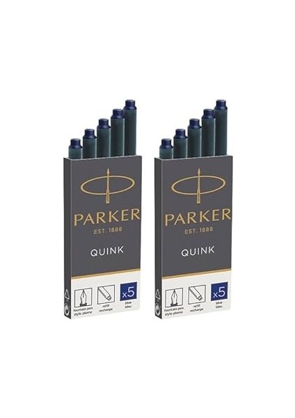 Parker Quink Mürekkep Kartuşları - Uzun Format - 2 x 5'li Paket (10 Toplam) - Mavi