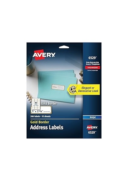 Avery Adres Etiketleri Altın Kenarlıklı Mürekkep Püskürtmeli Yazıcılar Için, 1 Inç x 2-5/8 Inç, 300
