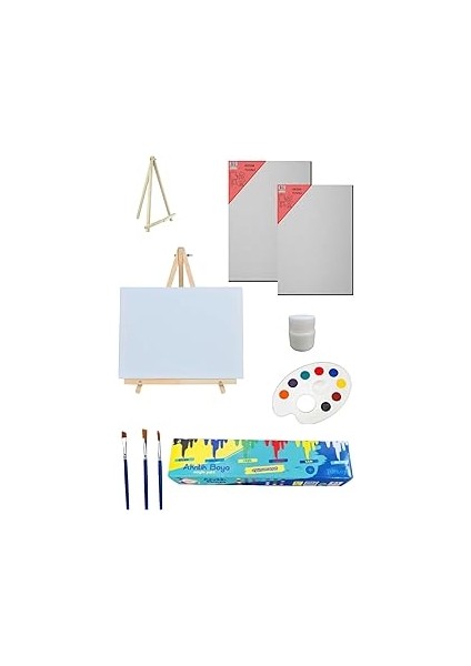 Dsh Doğal Seramik Hamuru Resim - Boya Seti - Mini Masa Şövalesi, 2 Adet Tuval, Resim Verniği, Akril