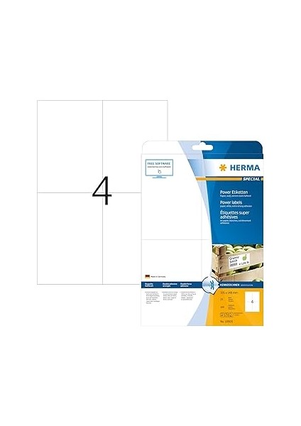 Herma Power Etiketleri, 25 Yaprak, 105 x 148 Mm, A4 Yaprak Başına 4 Adet, 100 Çıkartma, Kendinden Y